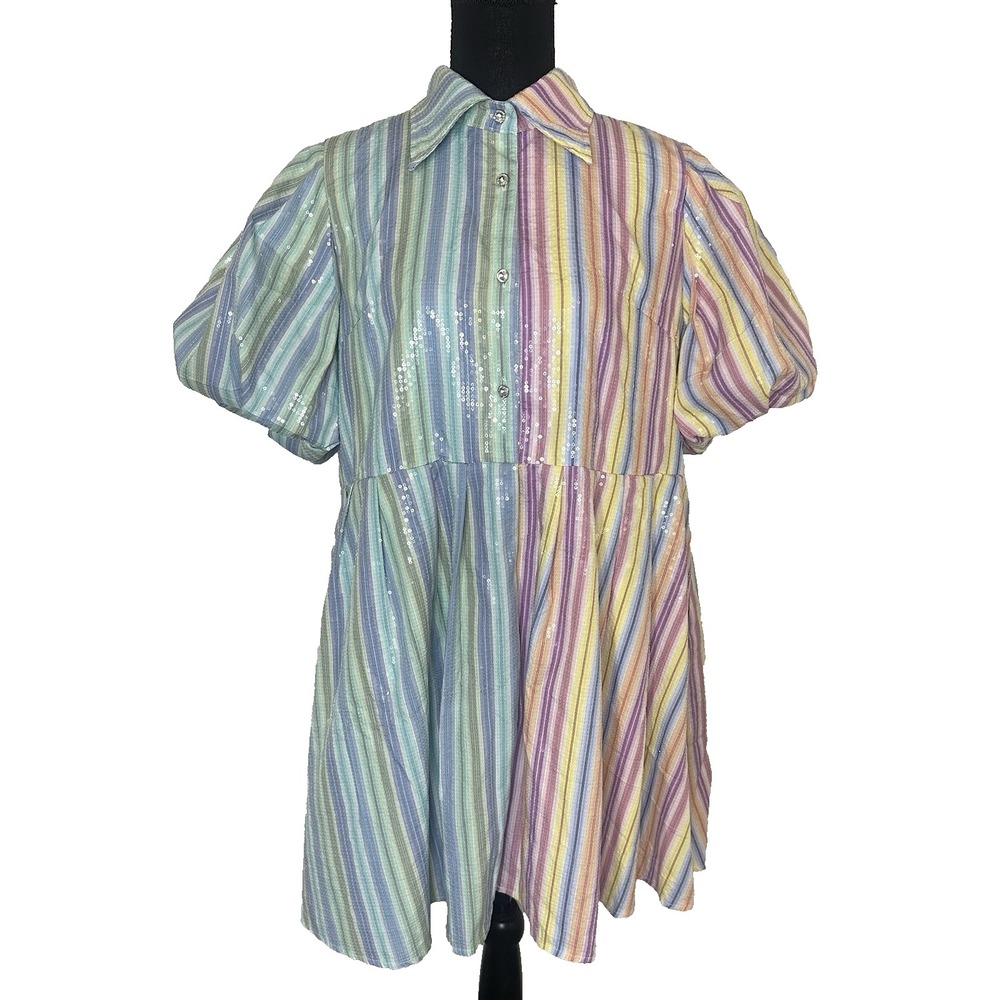 Queen of Sparkles LARGE Split Full Sequin Stripe Colorful Puff Sleeve Mini Dress